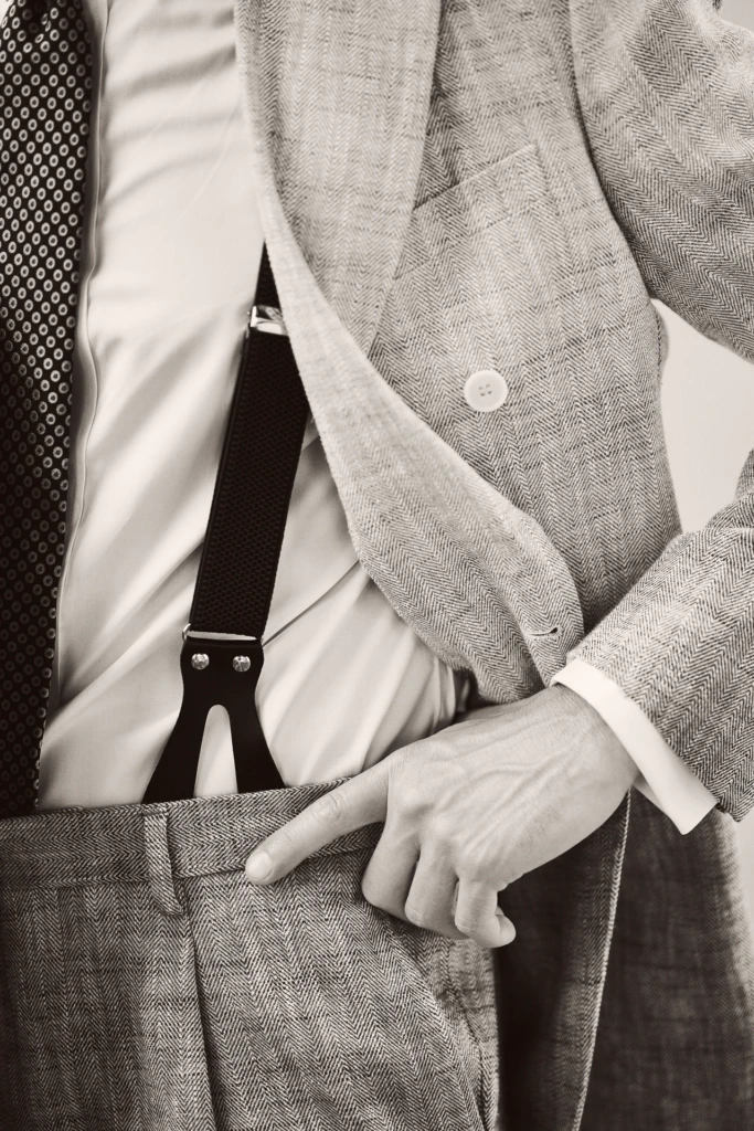 Model styled for the Hockerty Summer Lookbook during Pitti Uomo, Florence.